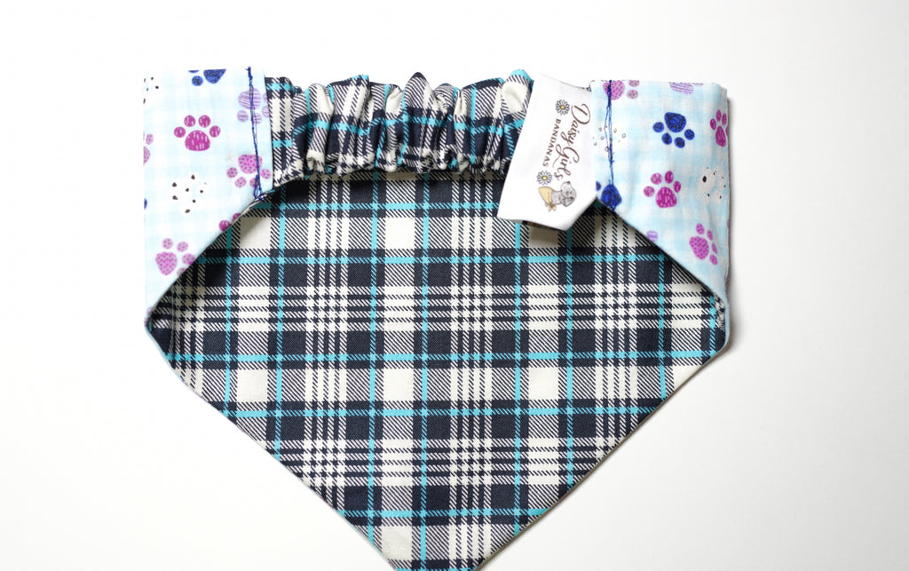 Blue Plaid/Light Blue Paws Doggy Bandana