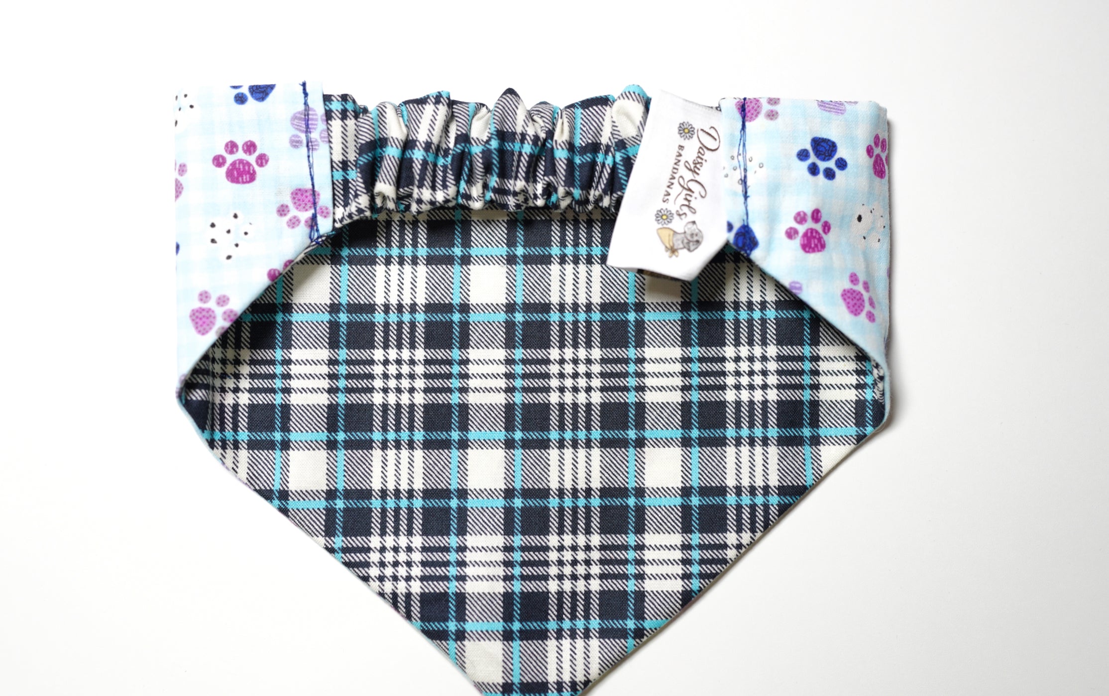 Blue Plaid/Light Blue Paws Doggy Bandana